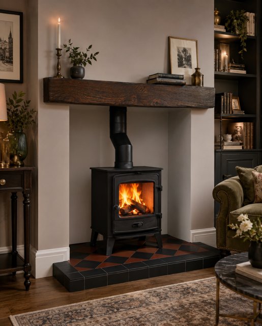 A restored red and black quarry tiled hearth in a York period home