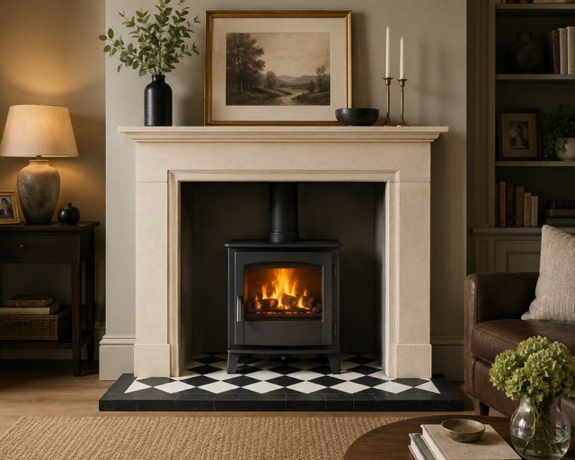 Made-to-measure T-shape tiled hearth showing the chamber section in York