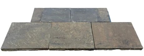 Top down view of a five piece reclaimed Yorkstone flag hearth