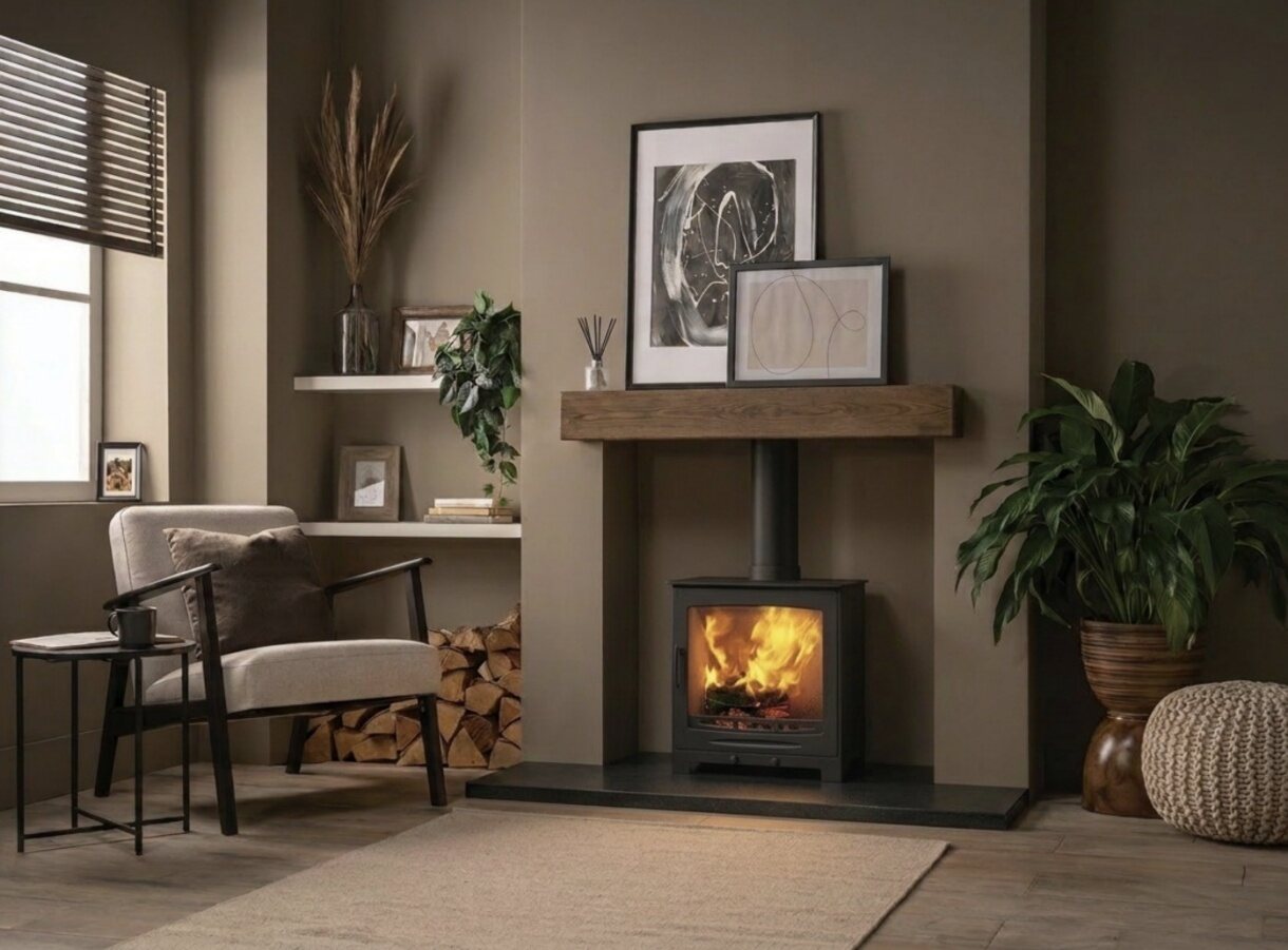 A CF1 wood-burning stove fitted with an oak beam and slate hearth in a styled Yorkshire living room