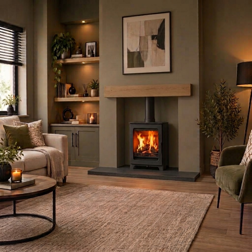 ACR Woodpecker WP5 stove in the supplied living room setting