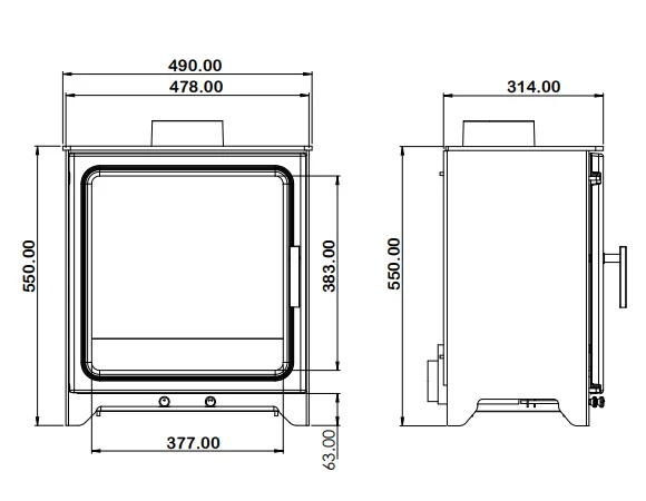WP5 Plus technical drawing showing 490mm width, 550mm height and 314mm depth