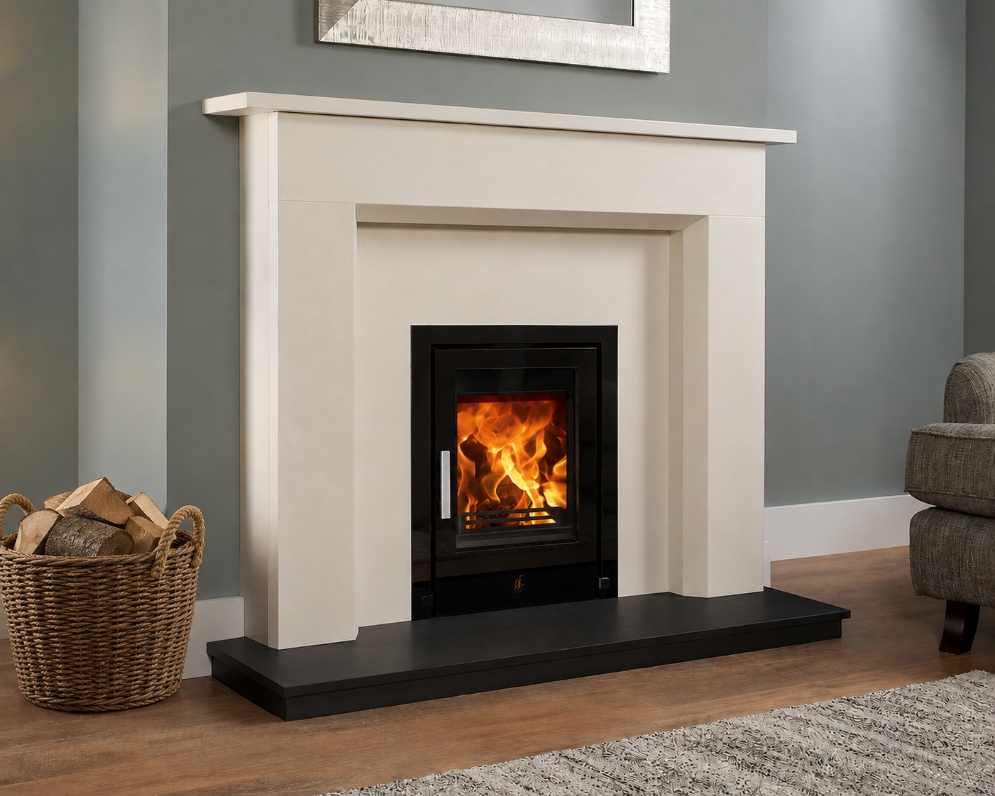Hutton natural limestone fireplace with an ACR T400 ECO BG cassette stove and black granite hearth