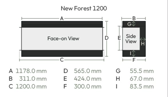 Dimensions and sizes diagram supplied by British Fires