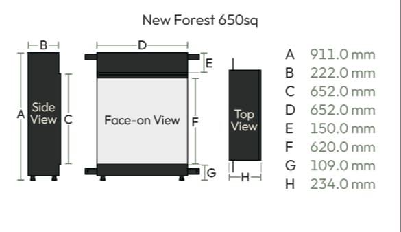 Dimensions and sizes diagram supplied by British Fires