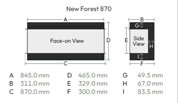 Dimensions and sizes diagram supplied by British Fires