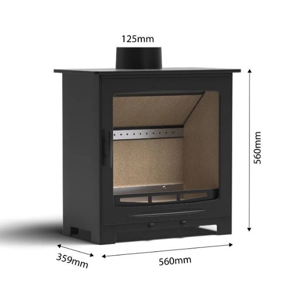 CF1 Woodburning Stove dimensions: 560mm high, 520mm wide, 359mm deep, 125mm outlet
