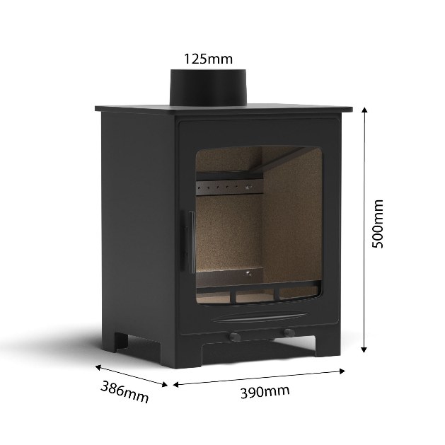 CF2 Woodburning Stove dimensions: 500mm high, 390mm wide, 386mm deep, 125mm outlet