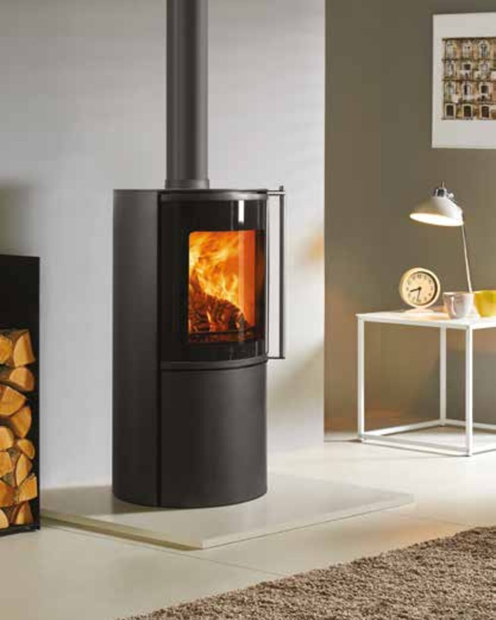 Fire FX Atlas cylindrical stove against a white wall