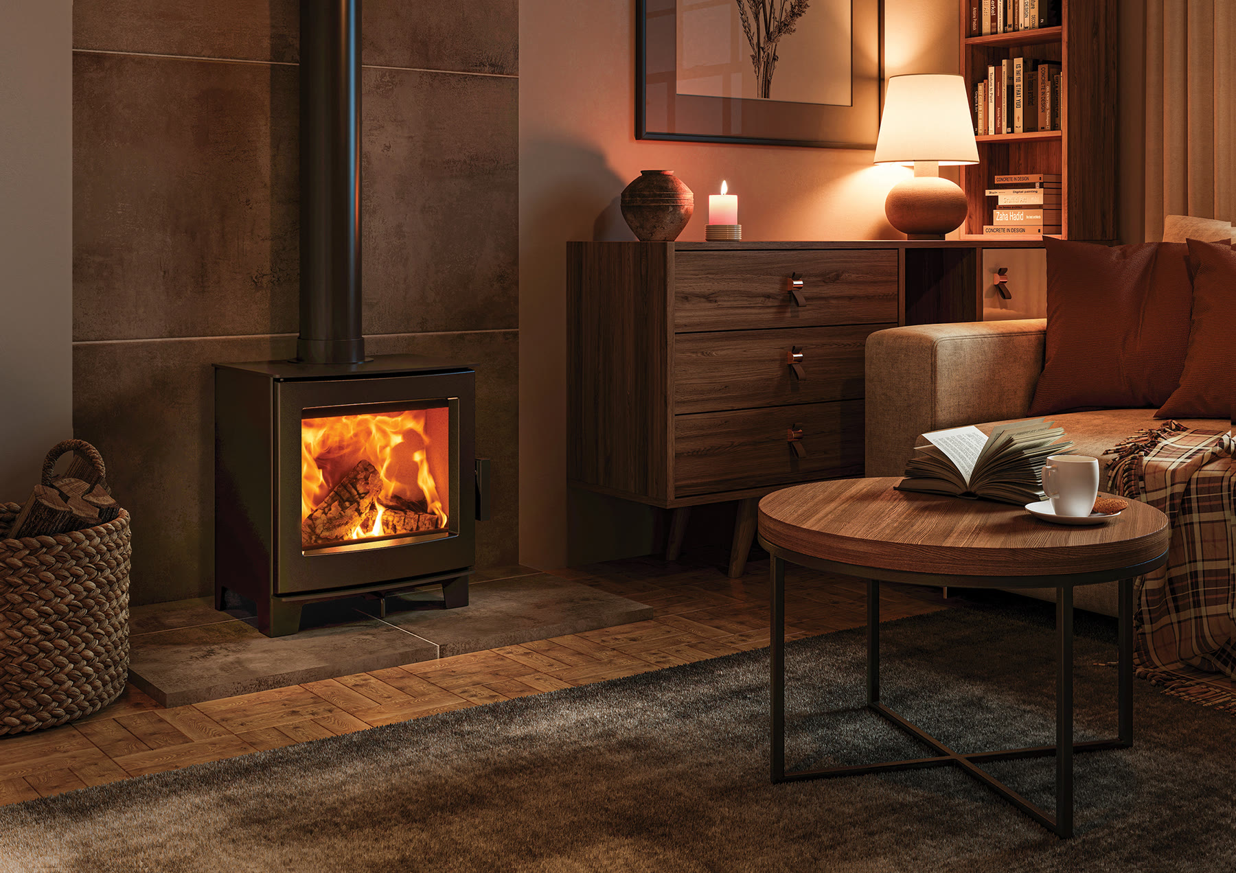 A Fire FX Echo woodburning stove as the warm focal point of a styled living room