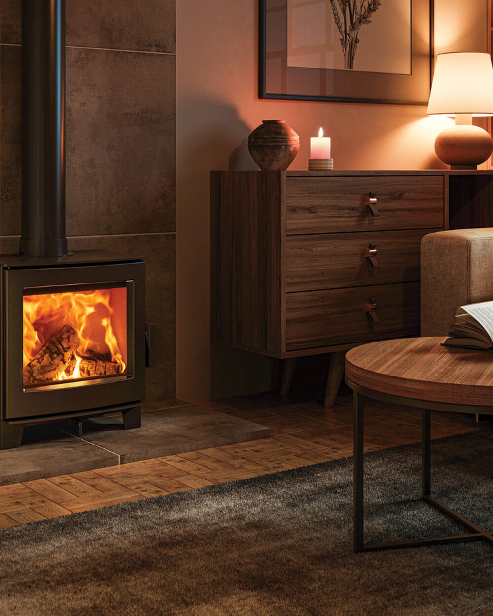 Fire FX Echo 5 stove beside a built-in log store