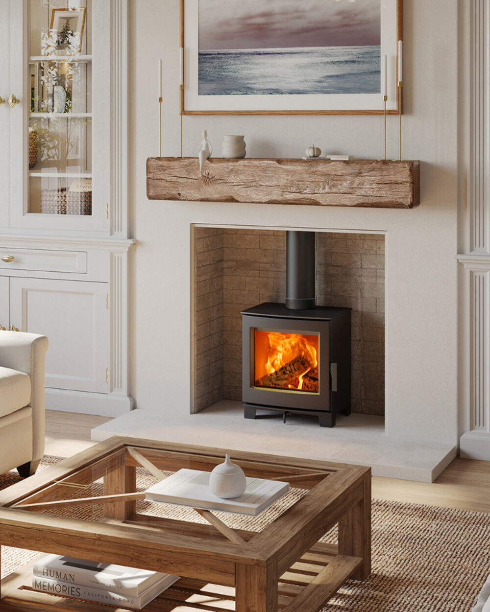 Fire FX Echo 5 woodburning stove beside a log store
