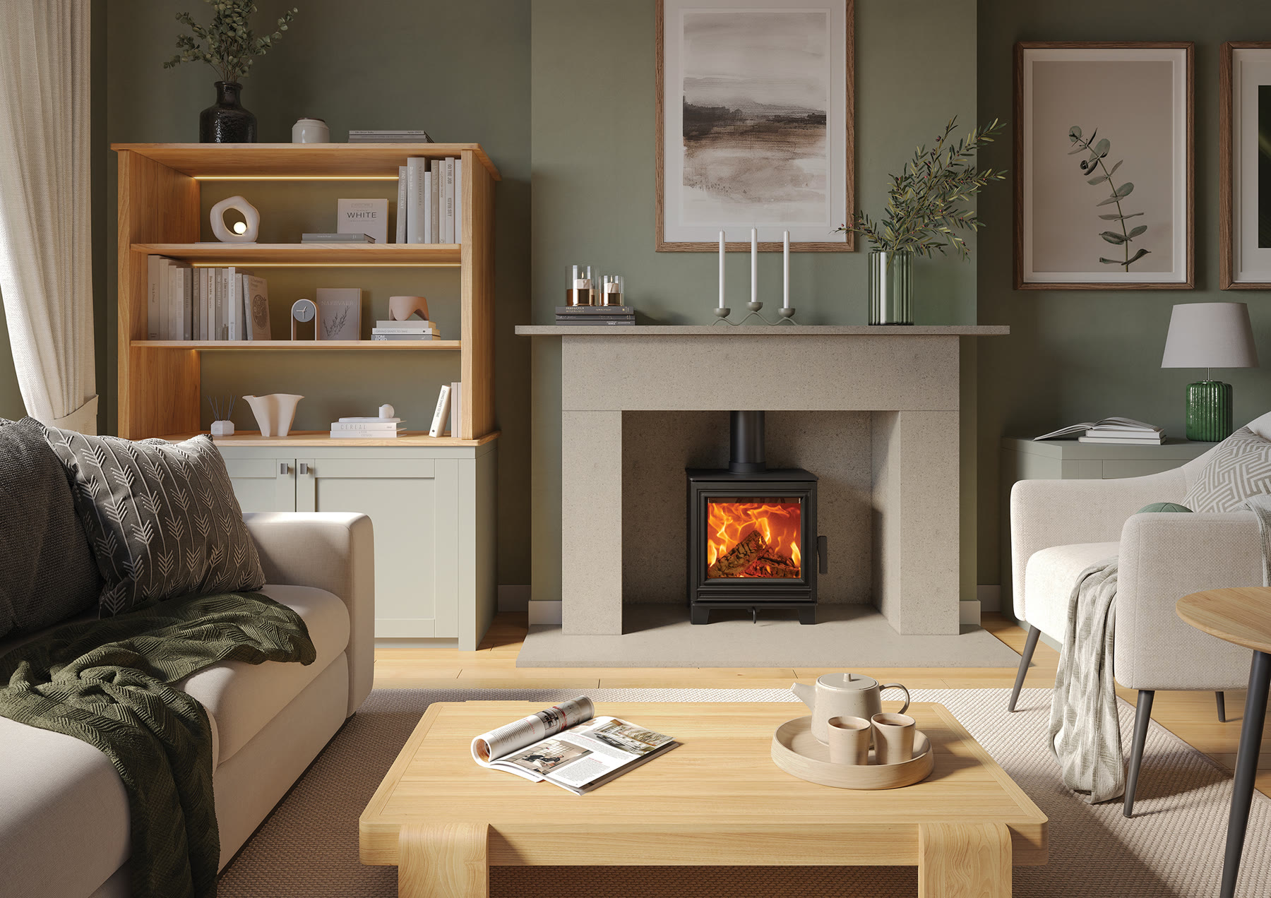 A Fire FX Eton woodburning stove set into a fireplace surround in a styled North Yorkshire living room