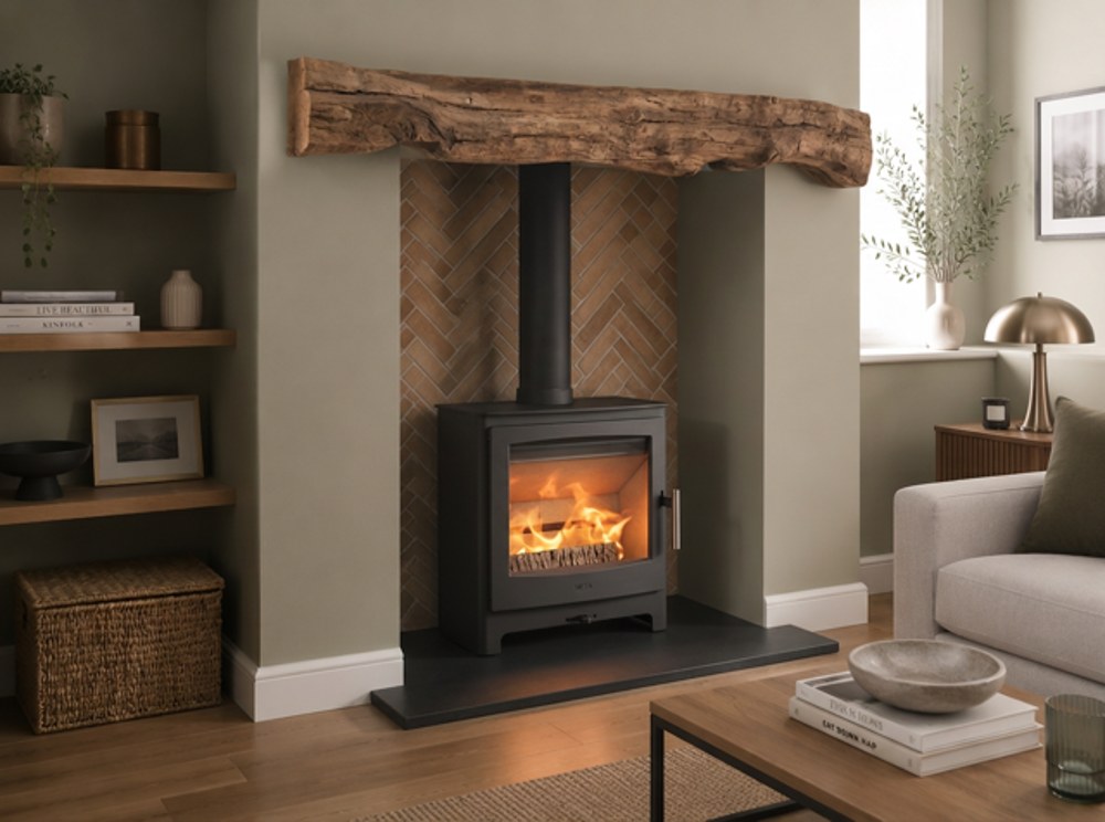 Heta Ambition 8 wood burning stove in a tall herringbone brick chamber beneath a reclaimed oak beam