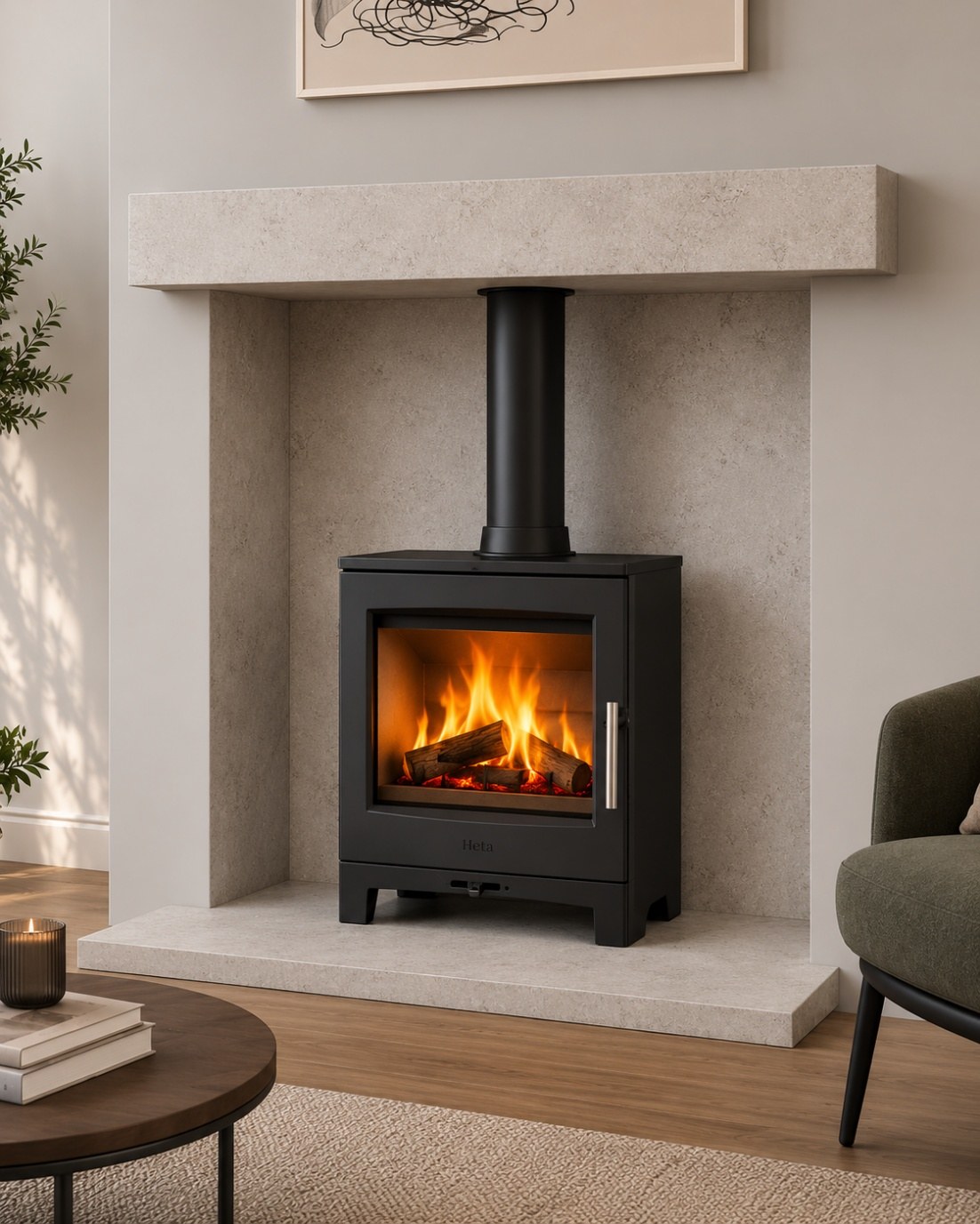 Heta Ambition 8 wood burning stove in a porcelain chamber with a matching porcelain hearth and beam above