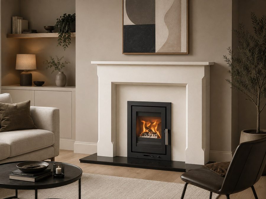 Heta Inspire 40 Cassette set into a Runswick natural limestone fireplace