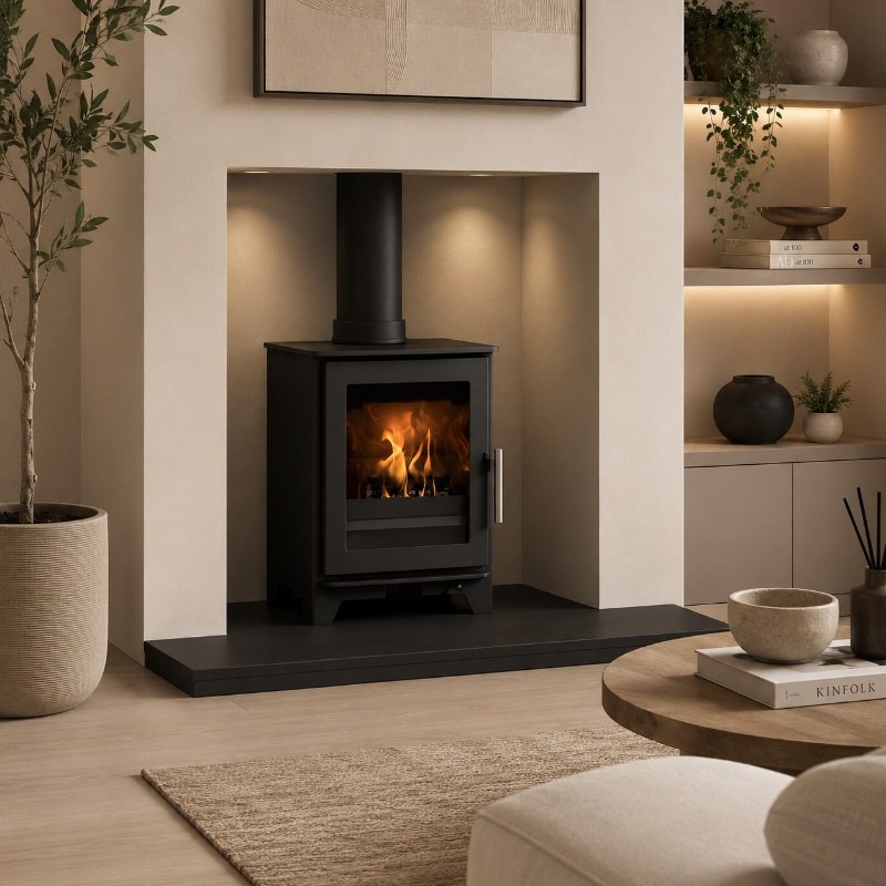 Heta Inspire 40 wood burning stove in a plastered chamber with a black granite hearth