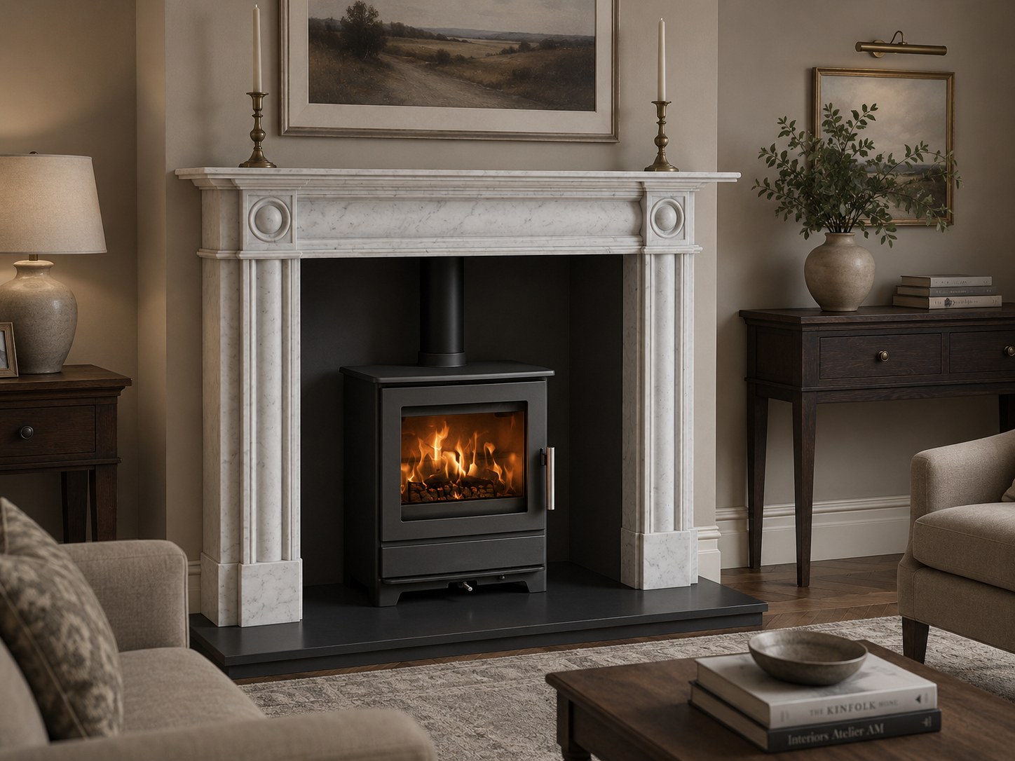 Heta Inspire 45 wood burning stove in a Carrara marble roundel fireplace