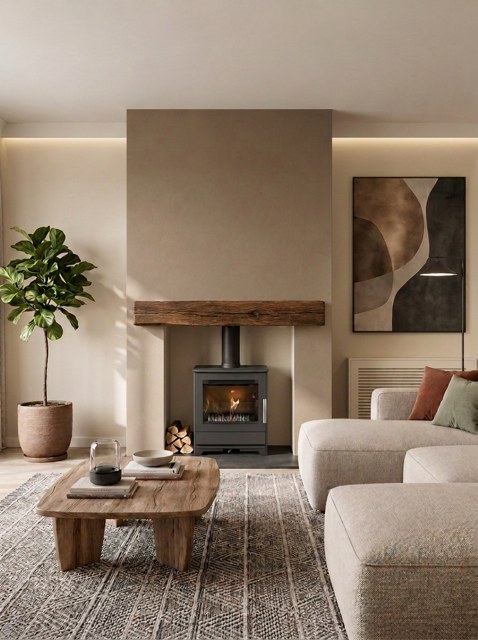 Heta Inspire 45 wood burning stove in a plastered chamber beneath a natural oak beam