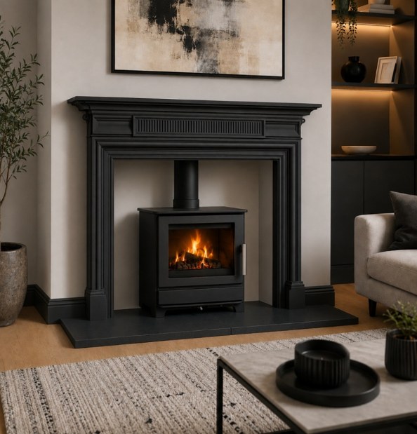 Heta Inspire 45 wood burning stove in a black Georgian cast mantel