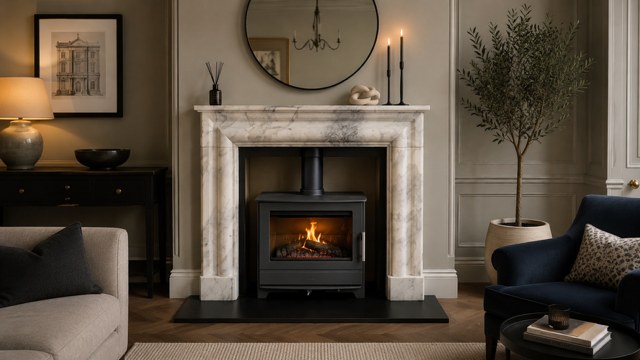 Heta Inspire 55 wood burning stove in a pale marble fireplace surround