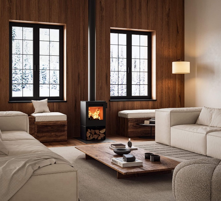 Heta Kube 10 on its log store base in a panelled living room