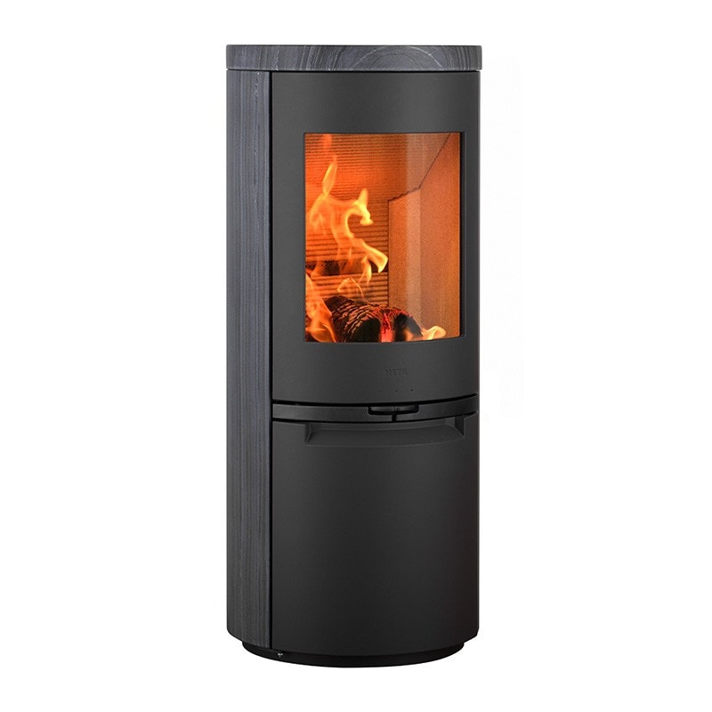 Heta Scan-Line 900 wood burning stove in blackwood finish on a white background
