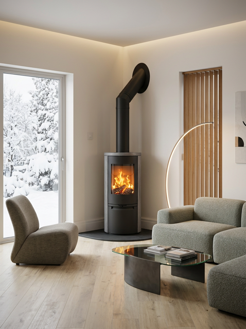 Heta Scan-Line 900 wood burning stove in a modern living room overlooking a snowy garden