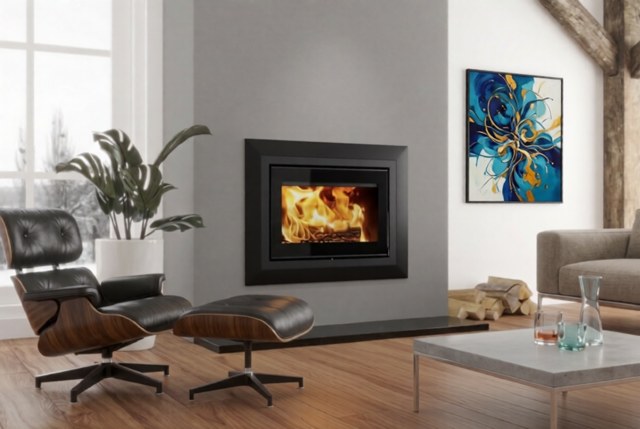 Heta Scan-Line Panorama XL insert fire with a black porcelain border protecting the wall